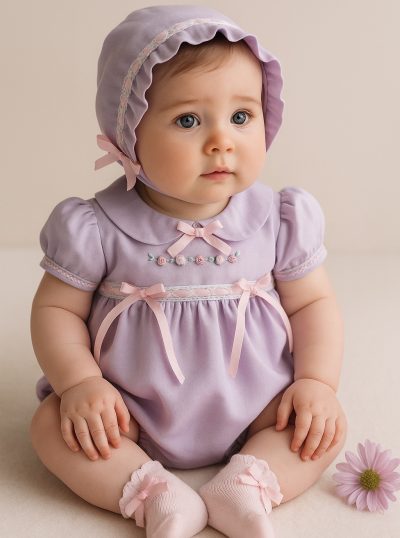ranita lila en lino con capota para bebé niña