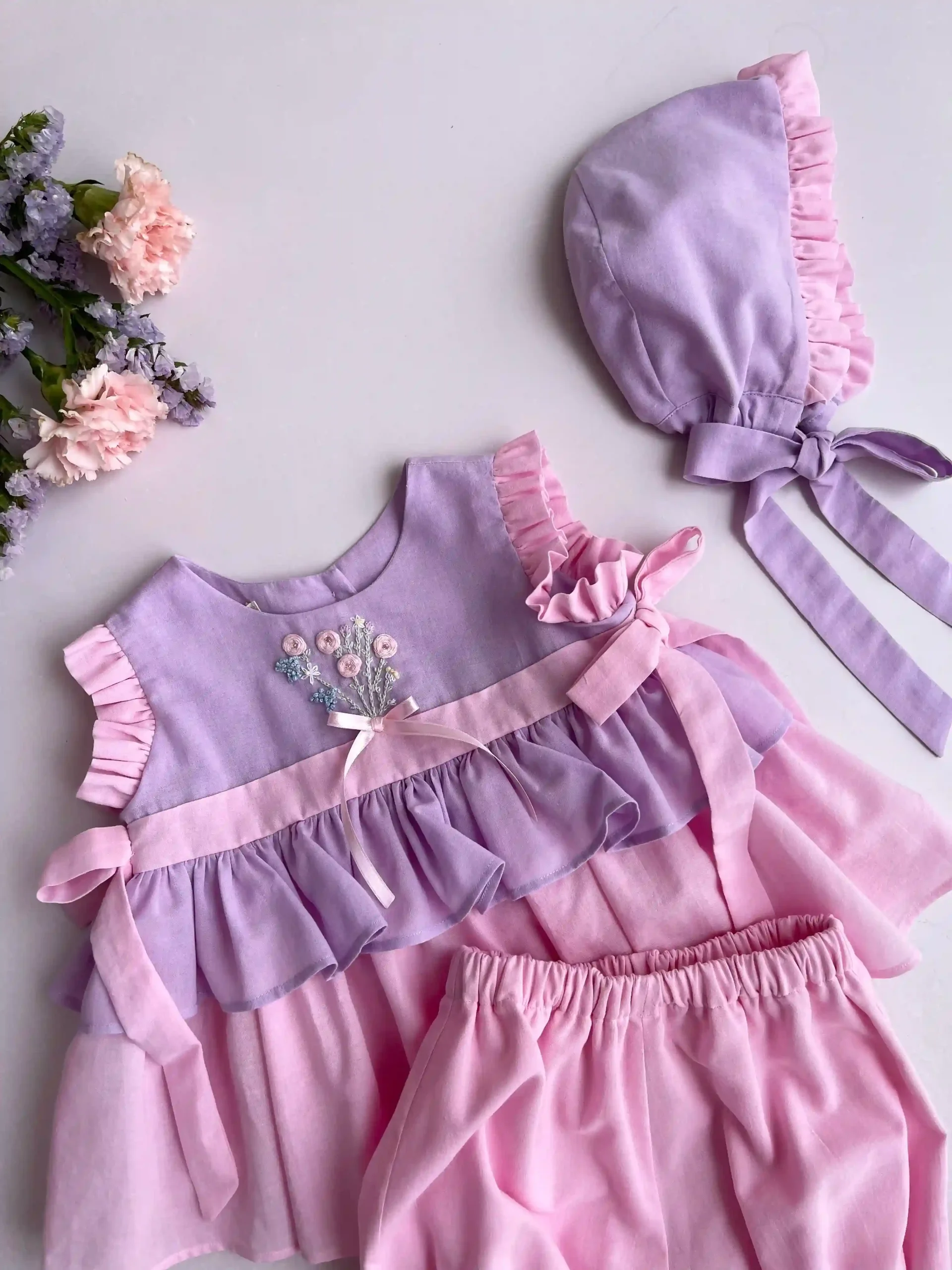 Conjunto para bebé niña en algodón rosa y malva - Imagen 4