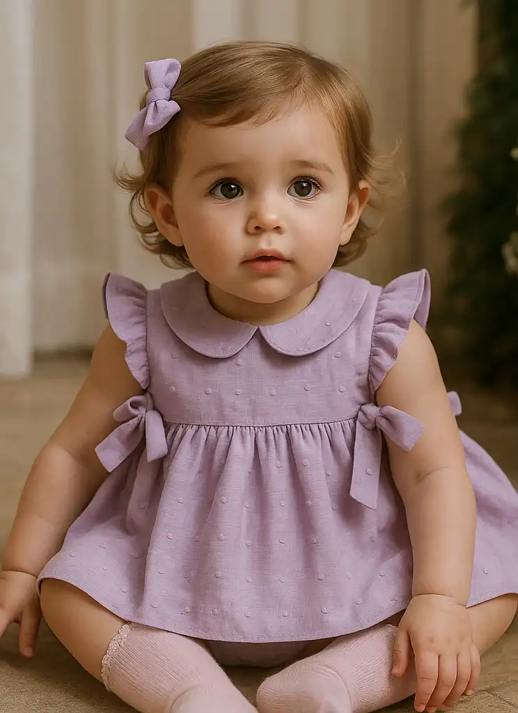 Vestido lila para bebé niña en tela bordada con lazos - Imagen 6