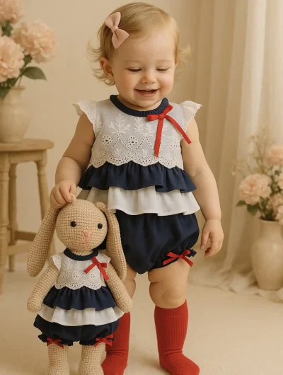 Conjunto azul marino con bordado blanco para bebé niña