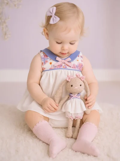 Conjunto en lino blanco perla para bebé niña